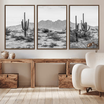 97436PHN-MGV-CV-36X24-Desert Landscape Wall Art – Black and White Cactus and Mountain Canvas Print, Southwestern Nature Photography for Living Room,