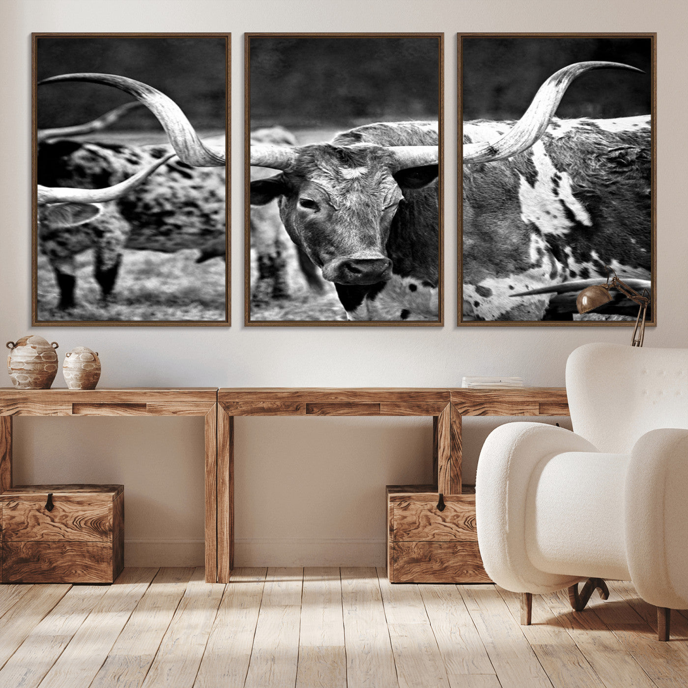 15425553-MGV-CV-36X24-Western Wall Art – Longhorn Cattle Black and White Canvas Print, Rustic Ranch Photography Decor for Bedroom, Living Room, Office,