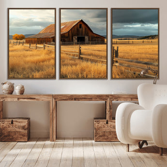 16480179-MGV-CV-36X24-Farmhouse Wall Art – Rustic Barn and Golden Field Canvas Print, Country Landscape Photography Decor for Bedroom, Living Room,