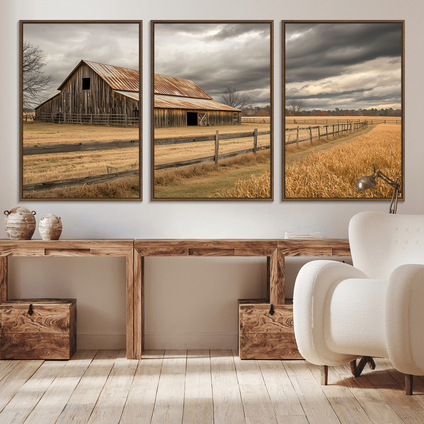 21991117-MGV-CV-36X24-Rustic Barn Wall Art – Weathered Farmhouse Canvas Print, Stormy Sky and Golden Field Photography Decor for Bedroom, Living Room,