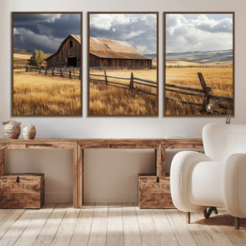 23718739-MGV-CV-36X24-Farmhouse Wall Art – Rustic Barn and Golden Wheat Field Canvas Print, Country Landscape Photography Decor for Bedroom, Living