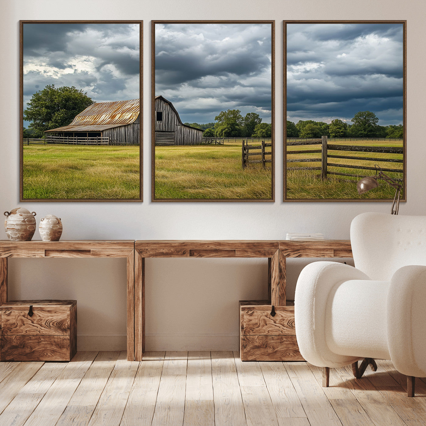 39409517-MGV-CV-36X24-Rustic Barn Wall Art – Weathered Farmhouse and Storm Clouds Canvas Print, Country Landscape Photography Decor for Bedroom, Living