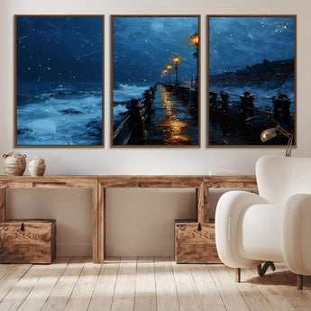 48300530-MGV-CV-36X24-Night Pier Wall Art – Moody Ocean Boardwalk Canvas Print, Impressionist Coastal Seascape Painting Decor for Living Room, Office,
