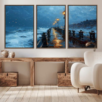 93793246-MGV-CV-36X24-Stormy Night Pier Canvas Wall Art – Moody Ocean Landscape with Lights, Blue Coastal Seascape Print for Bedroom, Living Room,