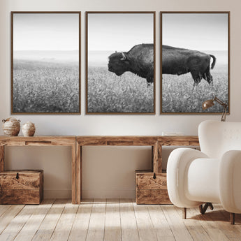 90861202-MGV-CV-36X24-Black and White Bison Canvas Wall Art – Rustic American Buffalo Print, Western Wildlife Photography for Farmhouse, Cabin, Office