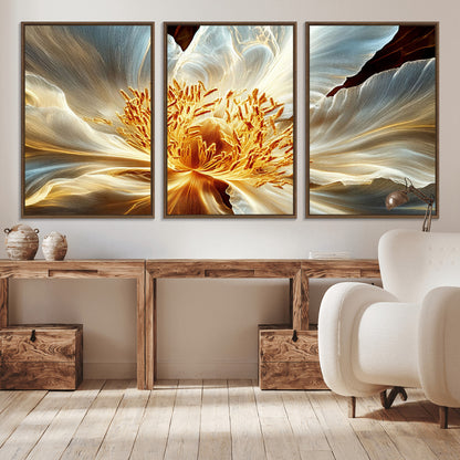 20862576-MGV-CV-36X24-Golden Abstract Flower Canvas Wall Art – Modern Botanical Bloom Print, Elegant Floral Artwork for Living Room, Bedroom, Office