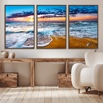 24077769-MGV-FC-60X30-3P_Walnut-Sunset Beach Wall Art – Ocean Waves Canvas Print, Golden Shoreline Photography Coastal Decor for Living Room, Bedroom, Office,