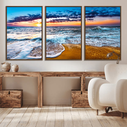 24077769-MGV-FC-60X30-3P_Walnut-Sunset Beach Wall Art – Ocean Waves Canvas Print, Golden Shoreline Photography Coastal Decor for Living Room, Bedroom, Office,