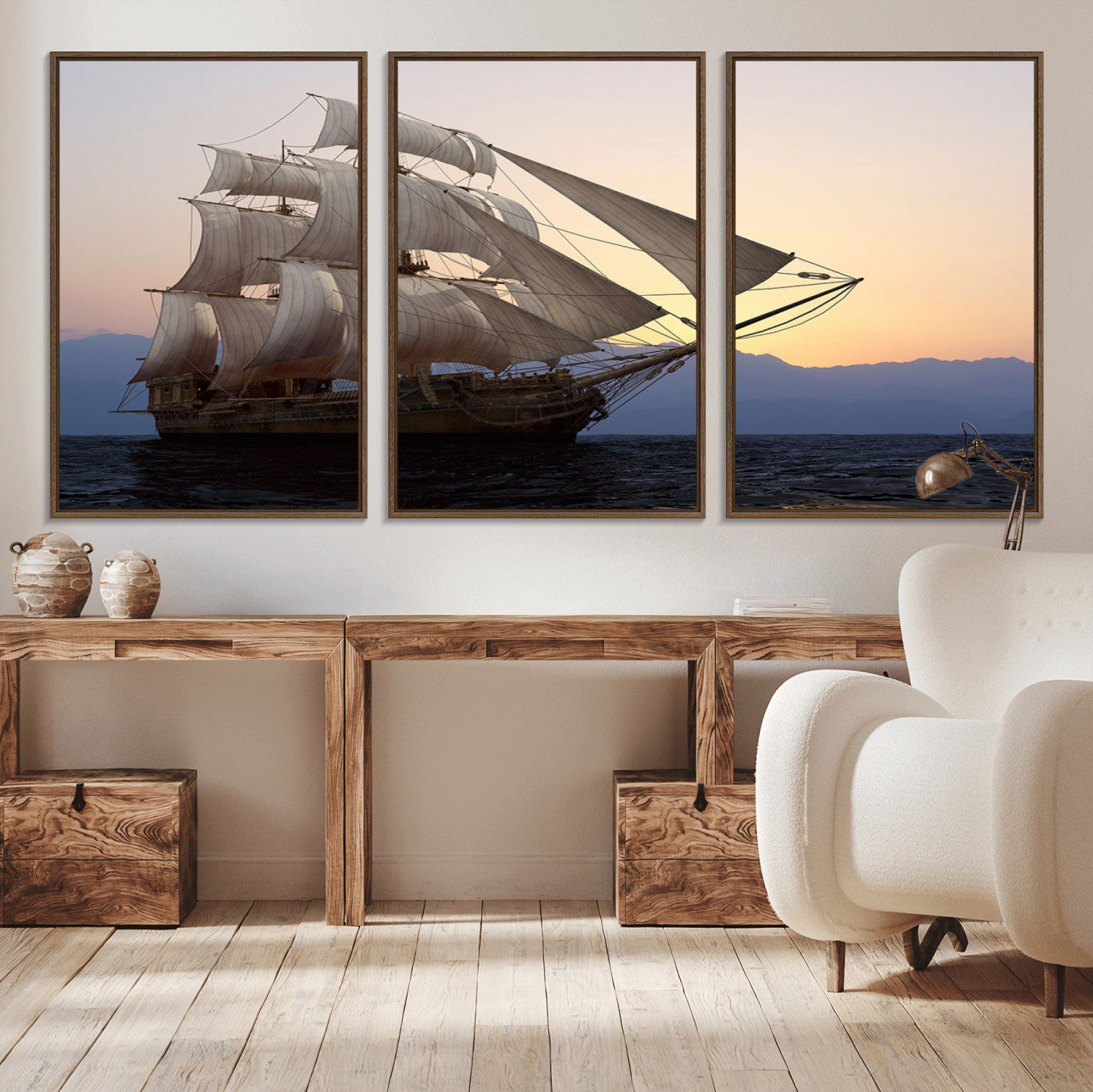 99957679-MGV-CV-36X24-Majestic Sailing Ship Wall Art – Sunset Ocean Voyage, Classic Tall Ship with Wind Filled Sails Canvas Print for Home, Office,