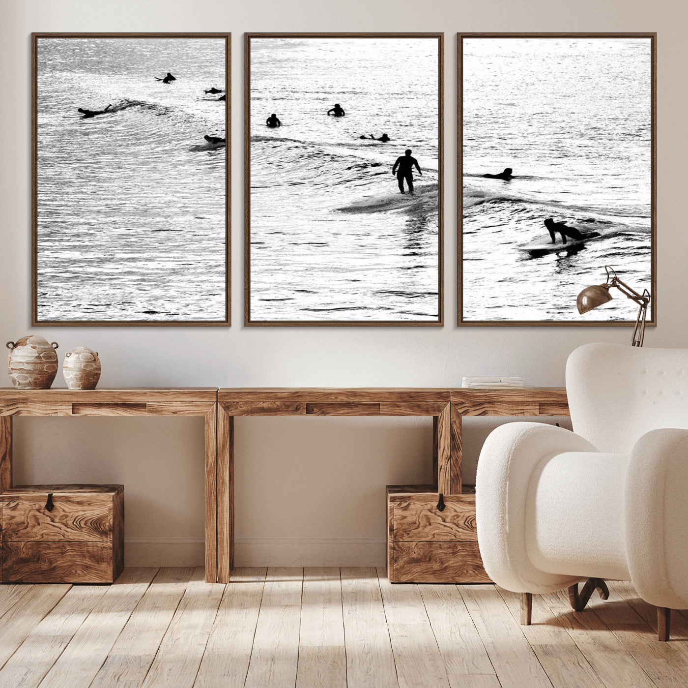 68018616-MGV-CV-36X24-Black and White Surf Photography Print – Minimalist Ocean Wall Art, Surfers Riding Waves, Coastal Beach Decor for Modern Home or