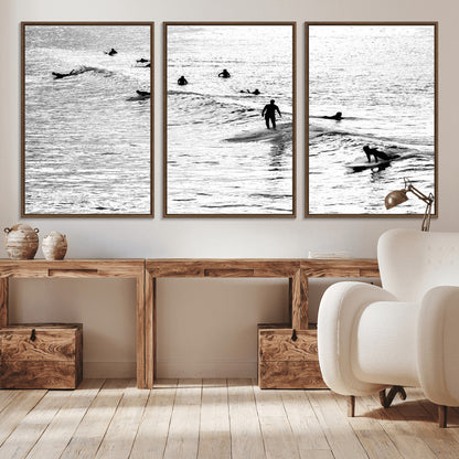 68018616-MGV-CV-36X24-Black and White Surf Photography Print – Minimalist Ocean Wall Art, Surfers Riding Waves, Coastal Beach Decor for Modern Home or
