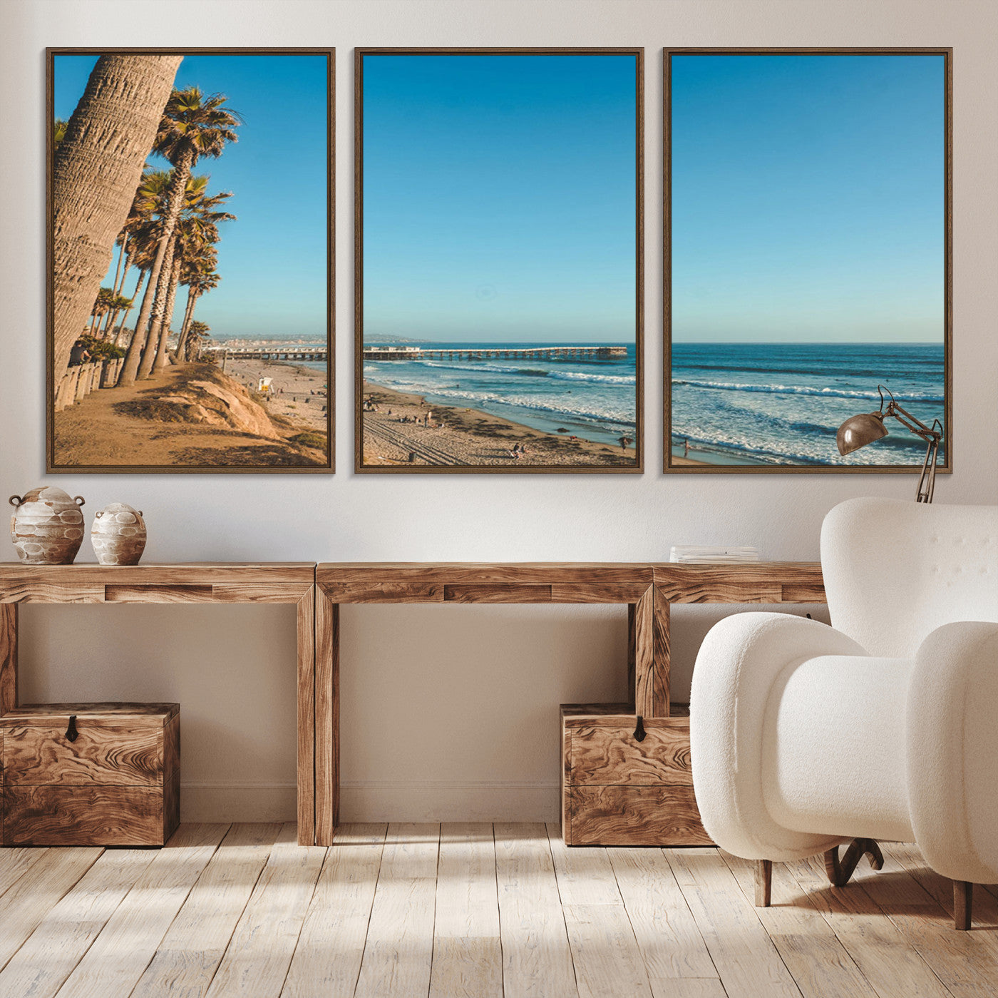 92568259-MGV-CV-36X24-California Beach Wall Art – Palm Tree Pier Canvas Print, Coastal Ocean Photography Seaside Decor for Living Room, Bedroom, Office,