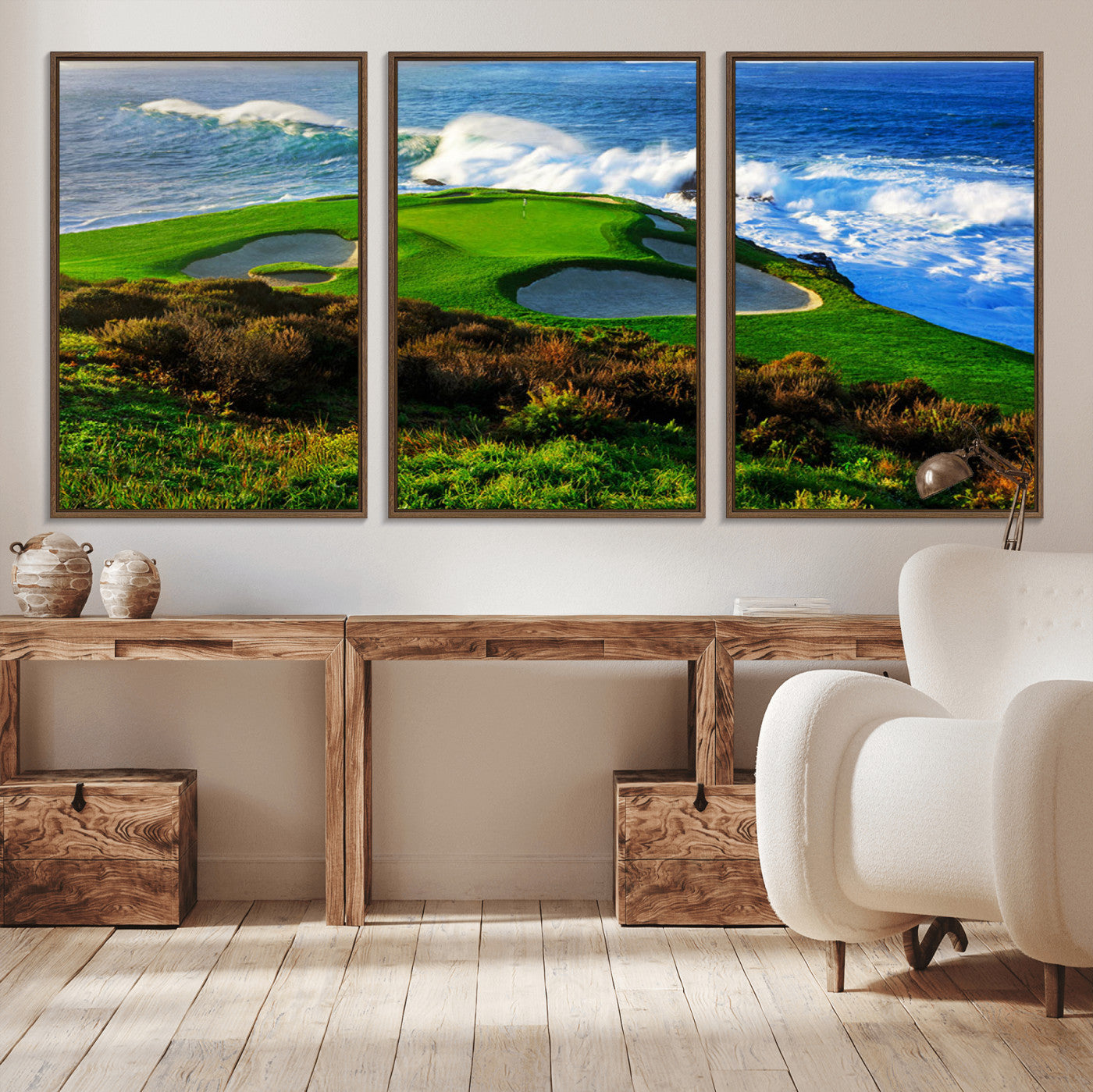 MGV-FC-60X30-3P - Coastal Golf Course Wall Art – Panoramic Ocean Fairway Canvas Print, Scenic Sports Photography Decor for Office, Man Cave, Living Room