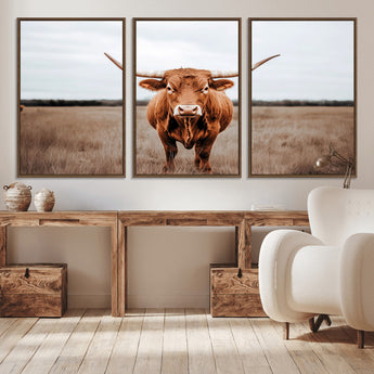 16316734-MGV-CV-36X24-Texas Longhorn Wall Art – Rustic Bull Portrait Canvas Print, Western Farmhouse Animal Photography Decor for Living Room, Office,
