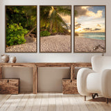 89531159-MGV-CV-36X24-Tropical Beach Sunset Canvas Wall Art – Palm Trees Golden Sand Ocean Waves Coastal Paradise Print for Beach House Bedroom Bathroom