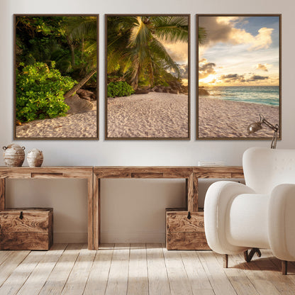 89531159-MGV-CV-36X24-Tropical Beach Sunset Canvas Wall Art – Palm Trees Golden Sand Ocean Waves Coastal Paradise Print for Beach House Bedroom Bathroom