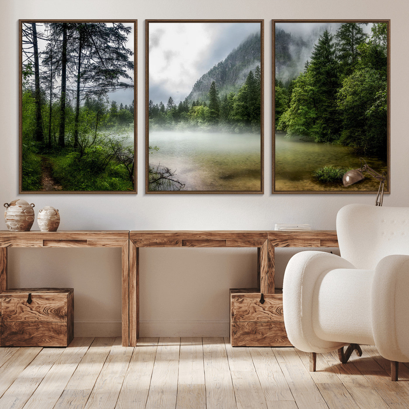 93123937-MGV-CV-36X24-Landscape Wall Art – Misty Mountain Lake Canvas Print, Tranquil Forest and Waterfall Photography Decor for Bedroom, Living Room,