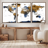 MGV-FC-60X30-3P - World Map Wall Art Canvas Print, Framed Blue Gold Map Art Picture Print, Rustic Atlas Perfect Rustic Modern Decor Artwork