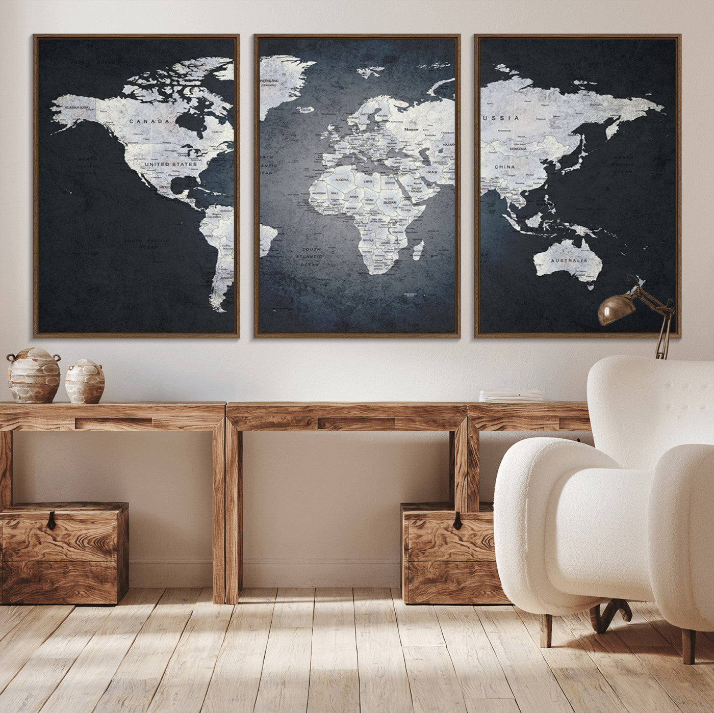 MGV-FC-60X30-3P - Monochrome World Map Wall Art Canvas Print, Framed Minimalist Map Art Picture Print, Modern Atlas Perfect Modern Minimalist Decor Artwork
