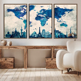 MGV-FC-60X30-3P - Blue World Map Wall Art Canvas Print, Framed Iconic Landmarks Art Picture Print, Blue Globe Map Perfect Elegant Explorer Decor Artwork