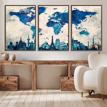 MGV-FC-60X30-3P - Blue World Map Wall Art Canvas Print, Framed Iconic Landmarks Art Picture Print, Blue Globe Map Perfect Elegant Explorer Decor Artwork