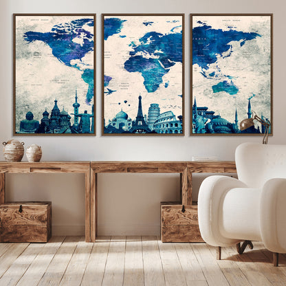 MGV-FC-60X30-3P - Blue World Map Wall Art Canvas Print, Framed Iconic Landmarks Art Picture Print, Blue Globe Map Perfect Elegant Explorer Decor Artwork