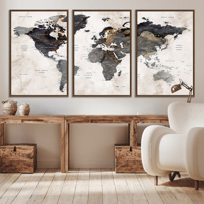 MGV-FC-60X30-3P - World Map Wall Art Canvas Print, Framed Rustic Map Art Picture Print, Antique Map Perfect Rustic Explorer Decor Artwork