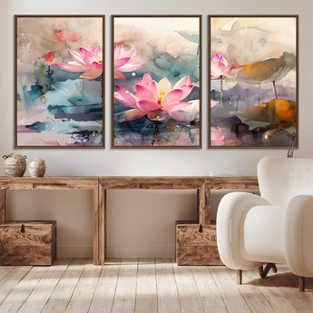 18414-MGV-CV-36X24-Pink Lotus Wall Art Canvas Print, Framed Water Lily Art Picture Print, Dreamy Floral Perfect Dreamy Botanical Decor Artwork