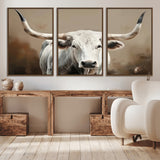 63550-MGV-CV-36X24-Texas Longhorn Wall Art Canvas Print, Framed White Bull Art Picture Print, Horned Cattle Perfect Rustic Western Decor Artwork