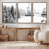 49274-MGV-CV-36X24-Snowy Forest Wall Art Canvas Print, Framed Ski Lift Art Picture Print, Mountain Snow Perfect Minimal Winter Lodge Decor Artwork