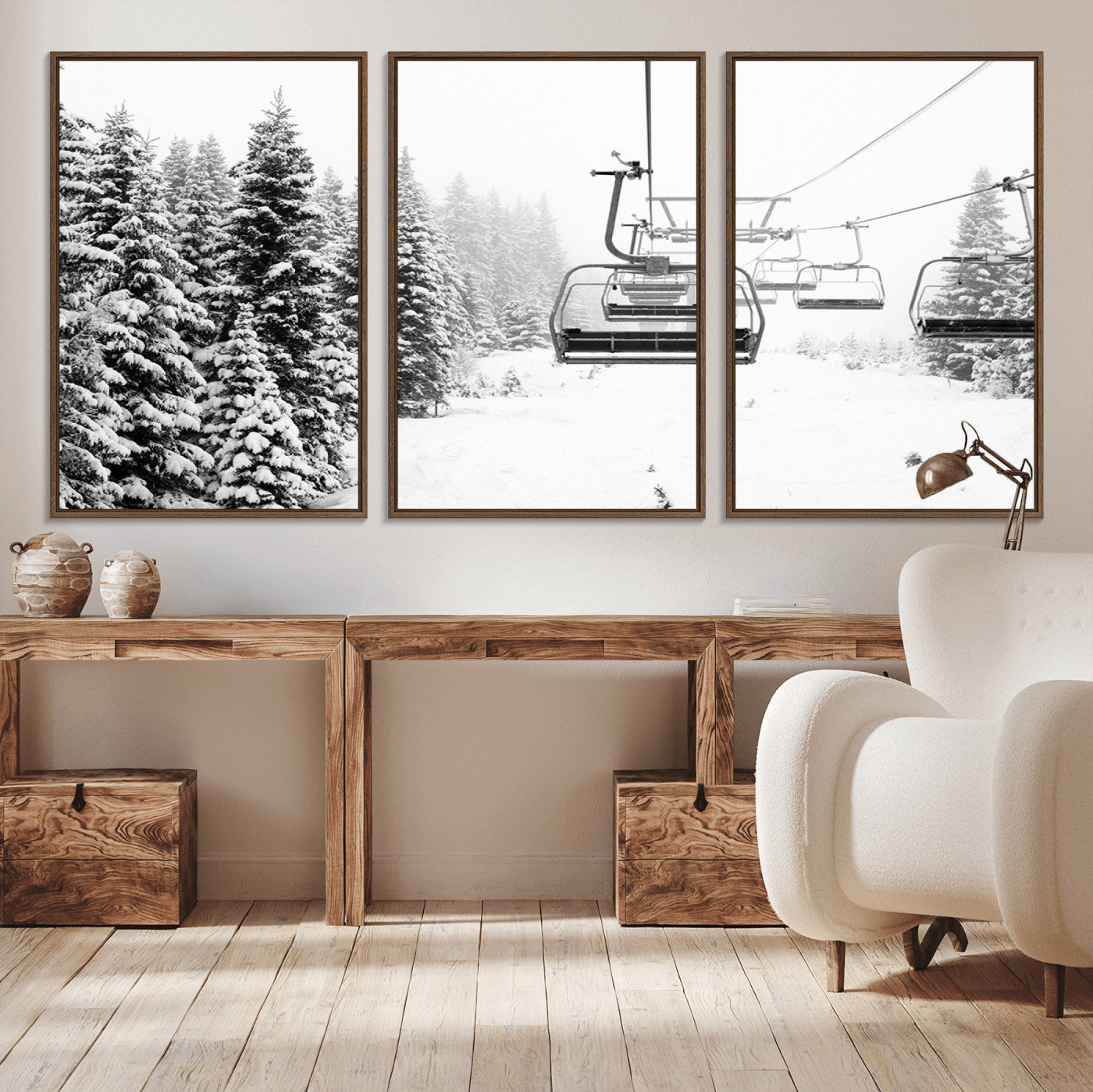 49274-MGV-CV-36X24-Snowy Forest Wall Art Canvas Print, Framed Ski Lift Art Picture Print, Mountain Snow Perfect Minimal Winter Lodge Decor Artwork