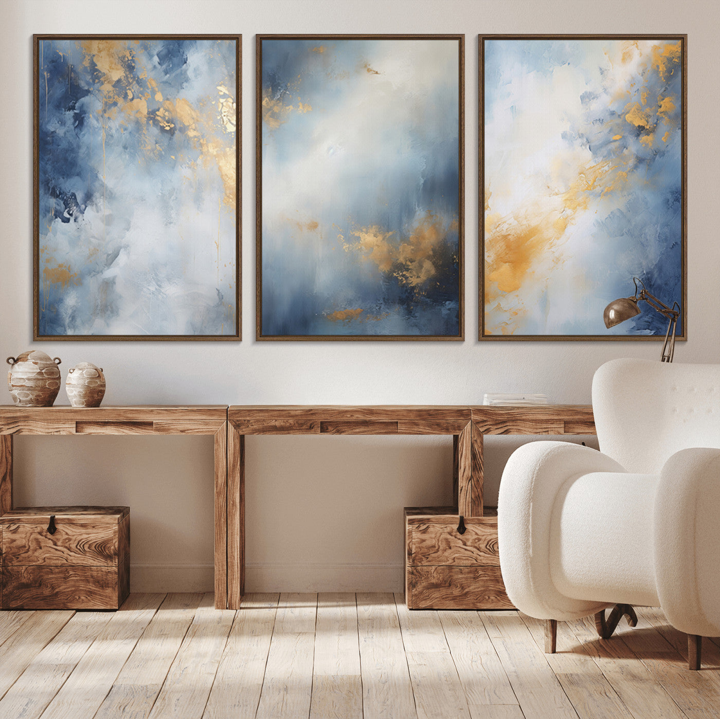 41836-MGV-CV-36X24-Abstract Gold Wall Art Canvas Print, Framed Blue Layers Art Picture Print, Elegant Cloud Perfect Elegant Minimalist Decor Artwork