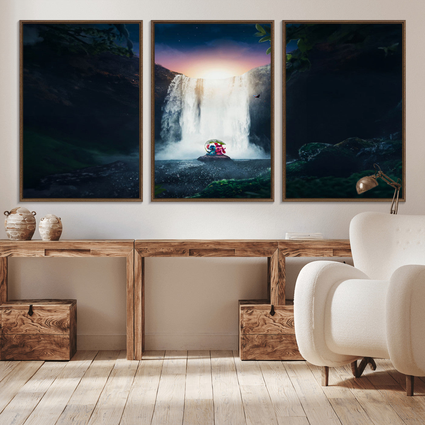 56359-MGV-CV-36X24-Lilo Stitch Wall Art Canvas Print, Framed Stitch Angel Art Picture Print, Cartoon Waterfall Perfect Tropical Fantasy Decor Artwork