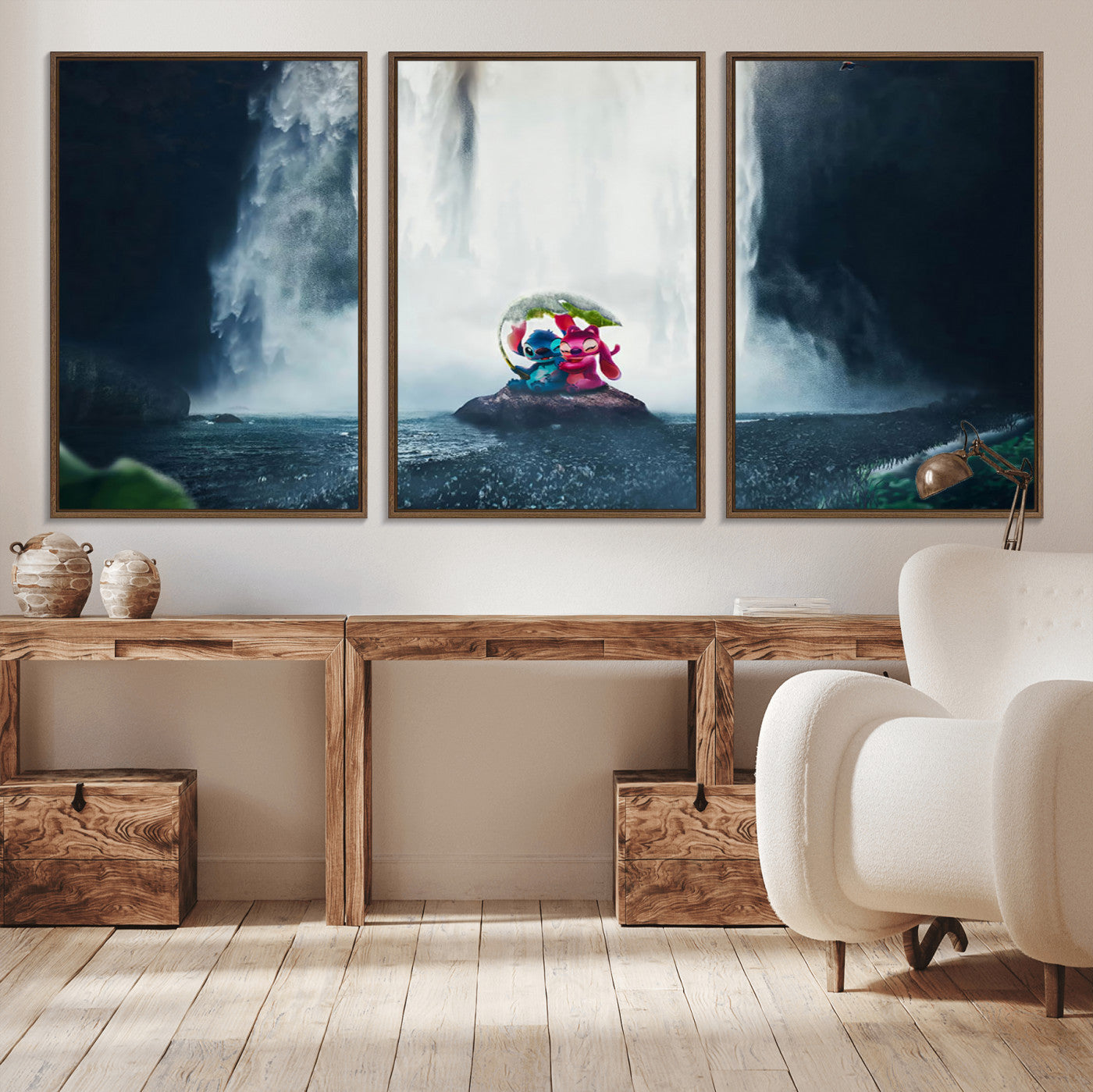 32259-MGV-CV-36X24-Stitch Angel Wall Art Canvas Print, Framed Stitch Waterfall Art Picture Print, Cartoon Couple Perfect Moody Fantasy Decor Artwork