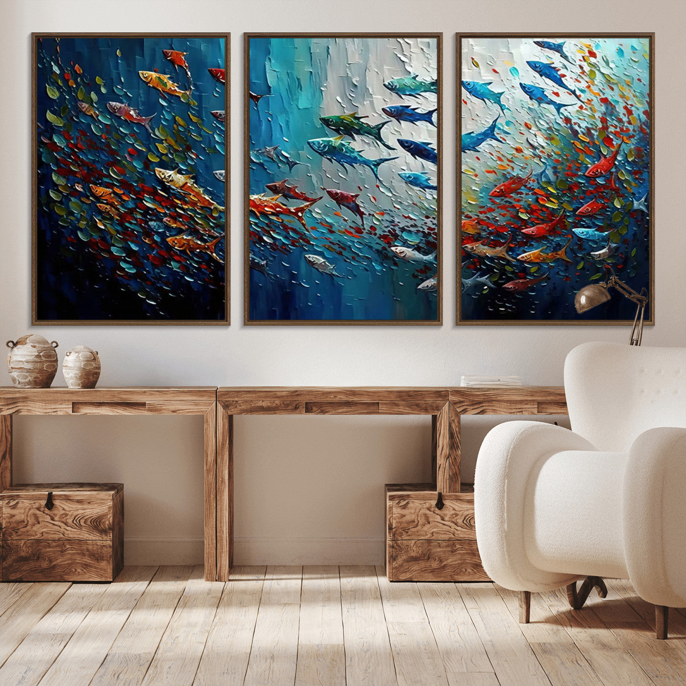 89626-MGV-CV-36X24-Fish Swarm Wall Art Canvas Print, Framed Abstract Ocean Art Picture Print, Underwater Life Perfect Vibrant Coastal Decor Artwork