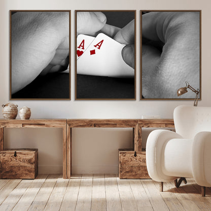 62460-MGV-CV-36X24-Poker Game Wall Art – Close Up of Hands Holding Aces with Chips, Casino Style Decor for Game Room, Man Cave or Office