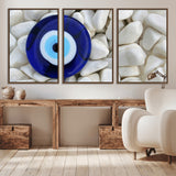 48883-MGV-CV-36X24-Evil Eye Wall Art – Deep Blue Symbol of Presence and Calm on White Stones, Subtle Spiritual Decor for Entryway, Studio, Office or