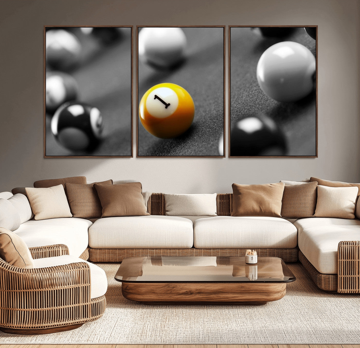 52108-MGV-CV-36X24-Precision Pool Table Wall Art – Close Up Yellow 1 Ball Canvas Print, Hand-Played Billiards Game Decor for Office, Game Room, or