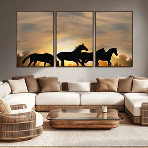 16620-MGV-CV-36X24-Sunset Stallions Wall Art – Silhouetted Horses Running Canvas Print, Nature’s Rhythm, Perfect for Living Room, Office, or Man Cave