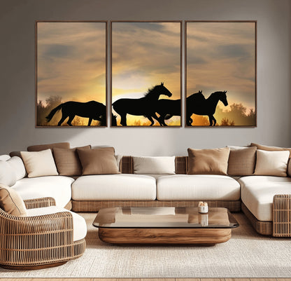 16620-MGV-CV-36X24-Sunset Stallions Wall Art – Silhouetted Horses Running Canvas Print, Nature’s Rhythm, Perfect for Living Room, Office, or Man Cave