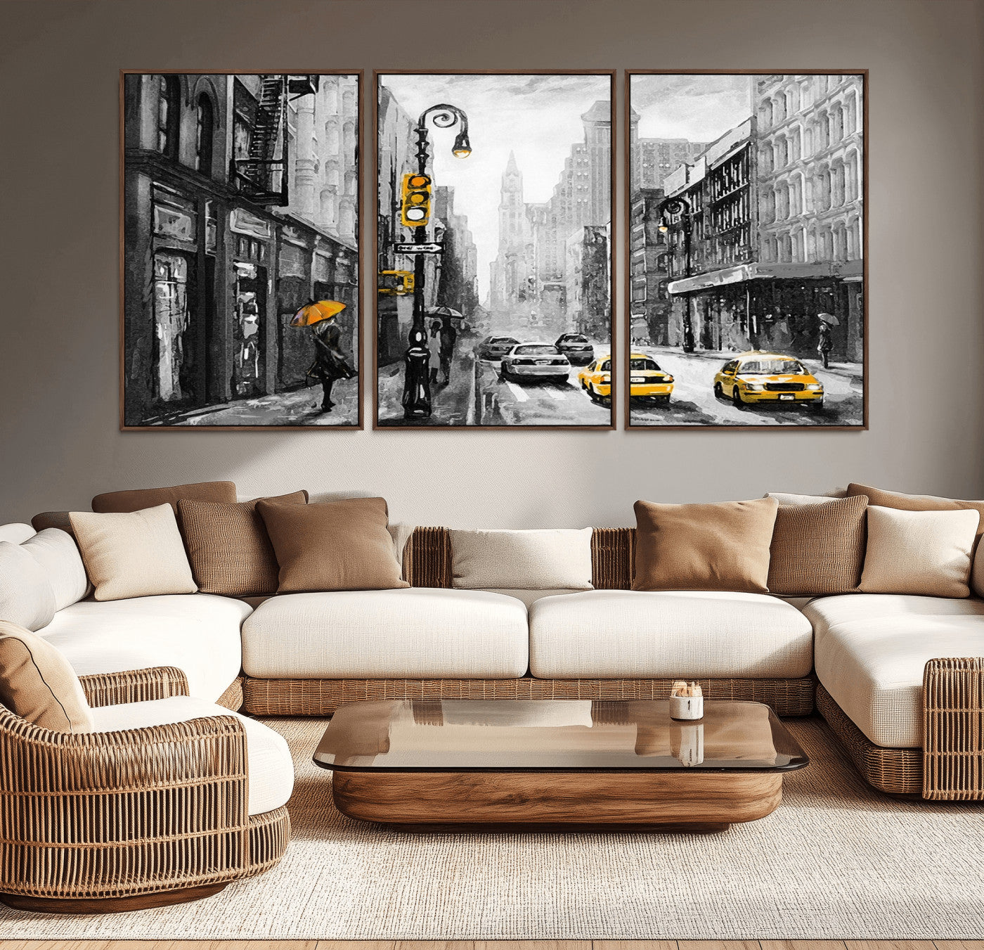 32362-MGV-CV-36X24-NYC Street Wall Art – Black and White Cityscape with Yellow Taxis and Umbrella Canvas Print, Urban Home Decor for Living Room or