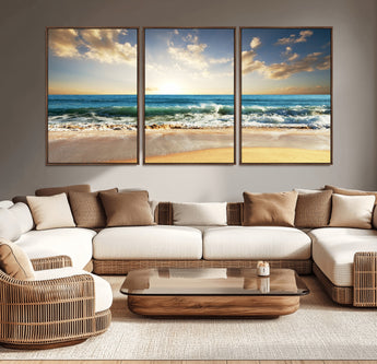 13139-MGV-CV-36X24-Sunrise Beach Wall Art – Ocean Waves and Golden Sand Canvas Print, Coastal Home Decor for Living Room, Bedroom, or Office