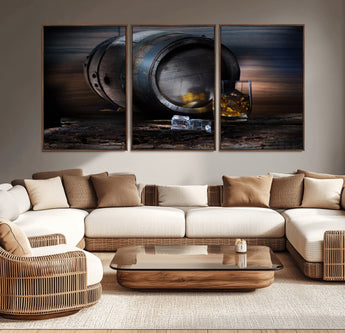 78049-MGV-CV-36X24-Whiskey Barrel Wall Art – Rustic Whiskey Barrel and Glass with Ice Canvas Print, Classic Bar or Lounge Decor for Home, Office, or