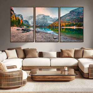 25982-MGV-CV-36X24-Autumn Mountain Lake Wall Art – Panoramic Fall Foliage and Snowy Peaks Canvas Print, Scenic Nature Decor for Living Room or Office