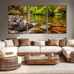 98096-MGV-CV-36X24-Serene River Waterfall Nature Photo – Calm Clear Water, Vibrant Green Forest and Smooth Stones Landscape Wall Art for Home or