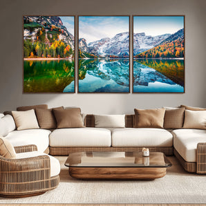 10402-MGV-CV-36X24-Snowy Mountain Lake Wall Art – Autumn Landscape Canvas Print with Reflection, Nature Decor for Living Room, Office, Bedroom or