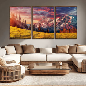 83947-MGV-CV-36X24-Sunset Mountain Landscape Wall Art – Panoramic Alpine Meadow and Snow Capped Peaks Canvas Print, Nature Scenic Decor for Home,