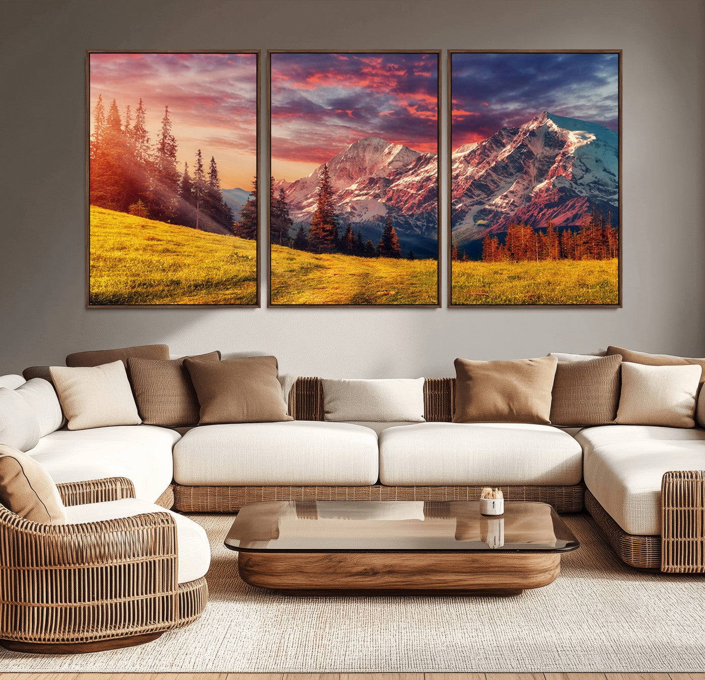 83947-MGV-CV-36X24-Sunset Mountain Landscape Wall Art – Panoramic Alpine Meadow and Snow Capped Peaks Canvas Print, Nature Scenic Decor for Home,