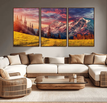 83947-MGV-CV-36X24-Sunset Mountain Landscape Wall Art – Panoramic Alpine Meadow and Snow Capped Peaks Canvas Print, Nature Scenic Decor for Home,