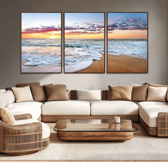 39560-MGV-CV-36X24-Sunrise Beach Wall Art – Vibrant Ocean Waves and Golden Sand Canvas Print, Seaside Coastal Decor for Living Room, Bedroom or